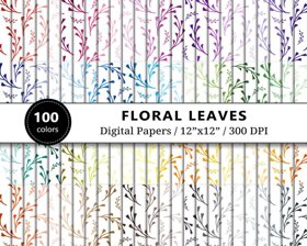 Rainbow Floral Leaves Digital Paper - 100 Colors