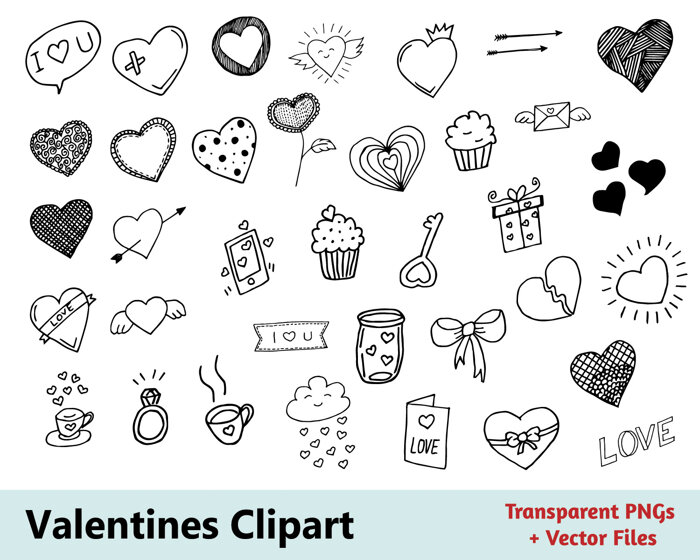 Hand Drawn Valentines Doodle Elements - Vector