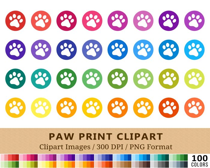 Solid Paw Prints Clipart - 100 Colors