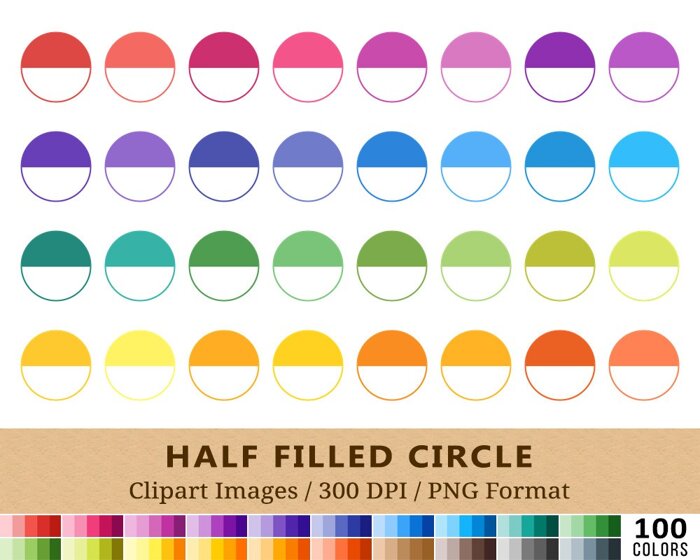 Half Filled Circle Clipart - 100 Colors